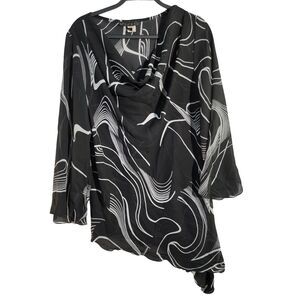 Ninety Black And White Swirl Pattern Abstract Blouse Cowl Neckline Women Sz 2X